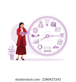 A businesswoman in a red suit holding a book and pen for taking notes. Time management scheme background. Time Management concept. Trend Modern vector flat illustration