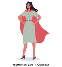 Businesswoman with red superhero cloak. Woman with a power and motivation in different poses. Idea of leadership. Flat vector illustration