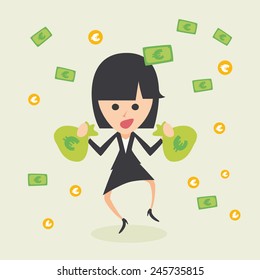 Businesswoman rejoicing for his success with euros flying in the air