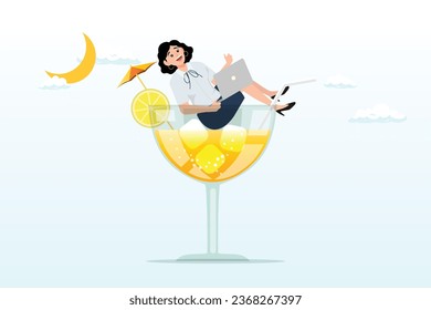 Businesswoman relax working remotely with computer laptop in cocktail glass at night, work anywhere anytime, hybrid work or flexible hour for employee choice to choose where and when to work (Vector)