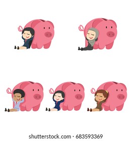 businesswoman relaxing beside piggy bank different race set