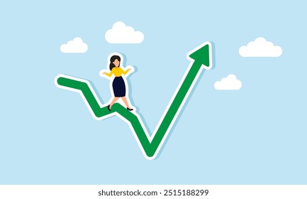 A businesswoman relaxing and enjoying a graph with a positive trend, illustration of Peaceful living seeing a bright company outlook and growing business