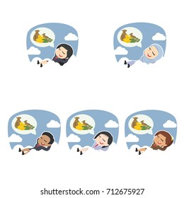 businesswoman relaxing on clouds thinking about money different race set