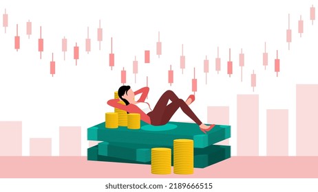 businesswoman relaxing on Investment return income, flat business character vector illustration.