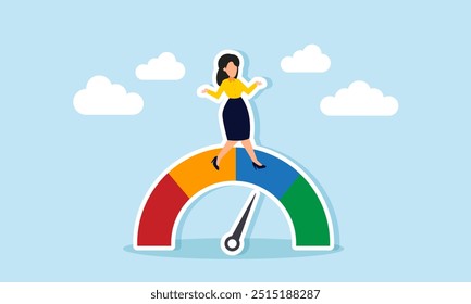 A businesswoman relaxing on a speedometer with the needle in the good range, illustration of Owner satisfaction with the company's strong performance in finance, management, and operations