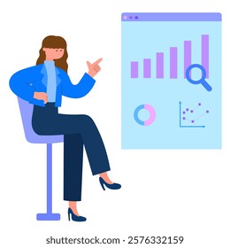 businesswoman research and analyzing data charts and graphs flat vector illustration