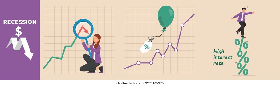 Businesswoman researching the stock market graph and Businessman balancing stand on high interest rate. Recession economy set concept. Flat vector illustrations isolated.