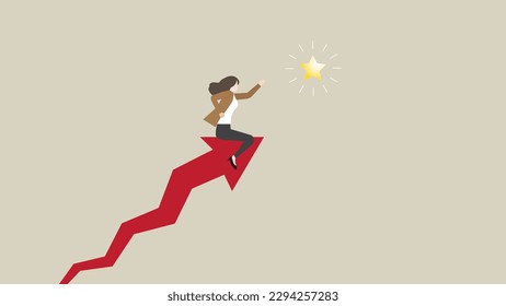 A businesswoman ride on a rising arrow rocket, reaching for the star. dash forward to new business opportunities, Reach targets, goals, drive to success, challenge, motivation, and growth concepts.
