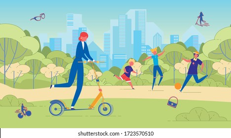 Businesswoman Rider. Millennial Woman Manager Riding Eco-Friendly Electric Kick Scooter in Park. Happy Children Running, Playing on Roadside. Activity Lifestyle Position. Vector Illustration