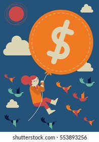 Businesswoman rides a balloon shaped like a coin into the sky