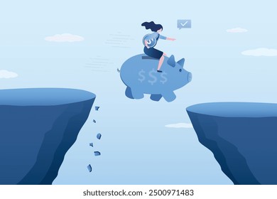 Businesswoman rides big piggy bank and jumps over abyss. Overcoming financial gap, savings save from bankruptcy and poverty. Smart woman saves money and overcome financial crisis. Money management.