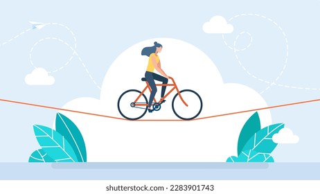 Una mujer de negocios monta una bicicleta en cuerda. Acrobat, intérprete, concepto de desafío. Joven acróbata artista de circo montando en bicicleta sobre cuerda sobre cielo azul. Éxito en la habilidad de confianza. Ilustración del vector