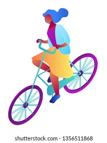 Businesswoman riding a bike, tiny people isometric 3D illustration. Urban eco transport, female cyclist and outdoor exercises concept. Isolated on white background.
