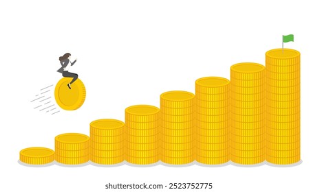 A businesswoman riding a coin forward on stacks of money toward a bar chart, business progress, financial success, and goal achievement in a growing economy with strategic investment and leadership.