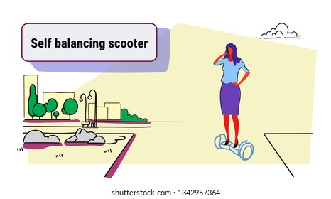 businesswoman riding electric scooter business woman talking smartphone female office worker eco transport concept city urban park landscape sketch doodle horizontal