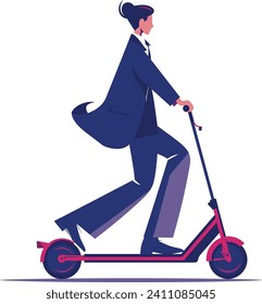 Businesswoman riding electric scooter in formal attire. Confident female professional on e-scooter. Eco-friendly urban commute vector illustration.