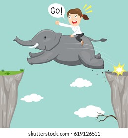 Businesswoman riding on elephant jump across the cliff, vector illustration cartoon