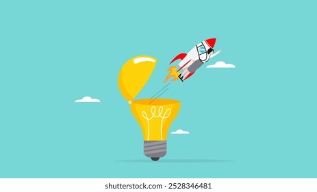 businesswoman riding rocket flying from light bulb illustration, business growth or profit increase, new creative idea, business start up concept, innovative start up business to achieve success goal