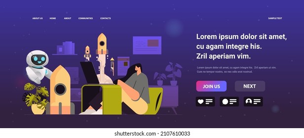 businesswoman with robot helper launching rocket creative project startup business artificial intelligence concept