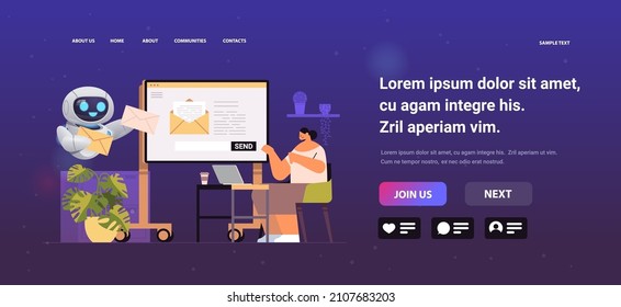 businesswoman with robot helper sending or receiving letters email inbox message notification artificial intelligence
