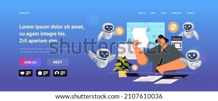 businesswoman with robots helpers calculating invoice on accounting bookkeeper artificial intelligence technology