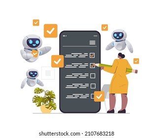 businesswoman with robots marking complete tasks on checklist in mobile app organization artificial intelligence