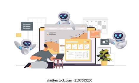 empresaria con robots monitorizando datos de estadísticas financieras en pantalla portátil concepto de tecnología de inteligencia artificial