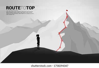 Businesswoman and Route to the top of mountain: Concept of Goal, Mission, Vision, Career path, Vector concept Polygon dot connect line style