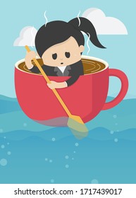 businesswoman rowing coffee cup in sea vast