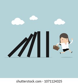 Businesswoman run away domino effect. vector