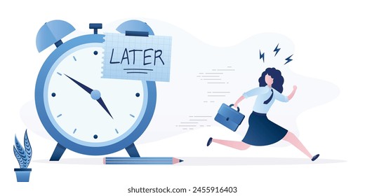 Businesswoman run away from giant clock. Word LATER on paper note attached to alarm watch. Later, postponing work or delaying deadline, meeting schedule reminders. Time management. vector illustration