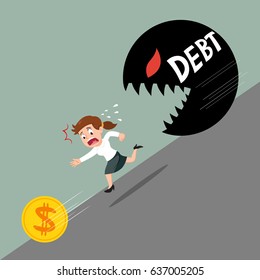 Businesswoman run chasing money coin with run away from debt, vector illustration cartoon