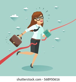 Businesswoman run and cut the red ribbon to begin a new business venture. Colorful vector illustration in flat style