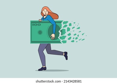 Businesswoman Run With Dollar Bill Collapsing. Money Loss And Decline In Value. Girl With Banknote Struggle With Financial Crisis Or Bankruptcy. Inflation And Deflation Concept. Vector Illustration. 