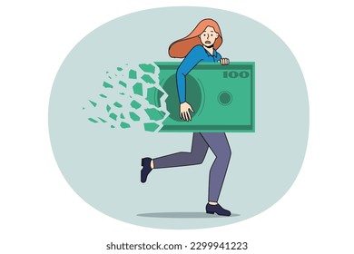 Businesswoman run with dollar bill collapsing. Money loss and decline in value. Girl with banknote struggle with financial crisis or bankruptcy. Inflation and deflation concept. Vector illustration.