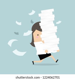 Businesswoman run holding a lot of papers in her hands.
