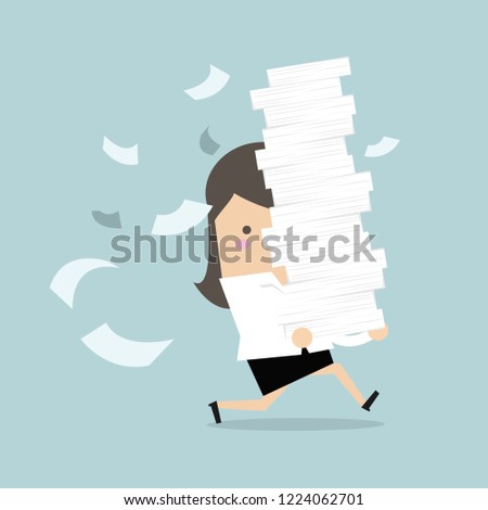 Businesswoman run holding a lot of papers in her hands.