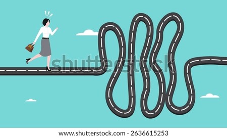 businesswoman run to new challenge difficult road ahead, Difficult Road Ahead, journey or effort to achieve career success, obstacle or tough situation to overcome, difficulty or problem solving