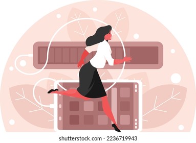 Businesswoman run on progress bar. Progress indicator. Charge level. Running businesswoman. Late woman. Worker character is late for a meeting. Deadline concept. Vector graphics