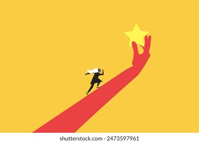 Businesswoman run up to reach star in giant hand. concept of Employee success recognition, encourage and motivate best performance, cheering or honor on success or achievement