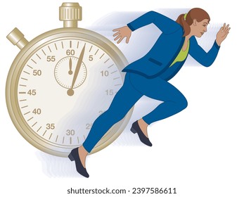 businesswoman running against time concept or time management, isolated on a white background