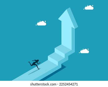 Businesswoman running up the arrow ladder. career growth personal development vector illustration