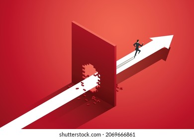Businesswoman running arrow path breaking barriers of inequality, feminism, overcoming women's obstacles. and leadership. isometric vector illustration.