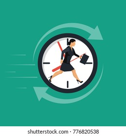 Businesswoman Running Away In Clock. Control Time. Vector Illustration Flat Design. Isolated On Background. Full Time Job. Female In Suit With Briefcase. Endless Work. Ð¡oncept Business.