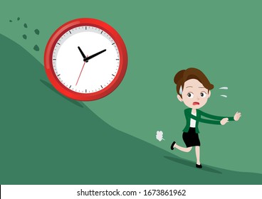 Mujer de negocios huyendo de un reloj o tiempo que se desliza a su concepto, ilustración vectorial de caricatura