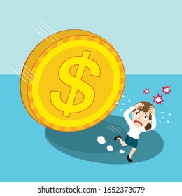 Businesswoman running away from falling dollar coin, illustration vector cartoon