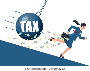 Businesswoman running away from huge tax pendulum. Business woman with briefcase and wrecking ball. Tax, debt, burden, fee, crisis and bankruptcy. Vector illustration in flat style