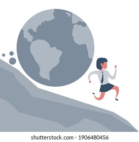 Businesswoman running away from planet earth that is rolling down to him. Climate change concept. Vector illustration, flat design, cartoon style.