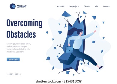 Businesswoman running and break brick wall. Overcoming obstacles, landing page, web template. Solving business problems. Skills improvement. New startup development. Confident employee. Flat Vector