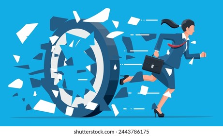 Businesswoman running and breaking target. Business woman in suit with briefcase. Goal setting. Smart goal. Business target concept. Achievement and success. Vector illustration in flat style